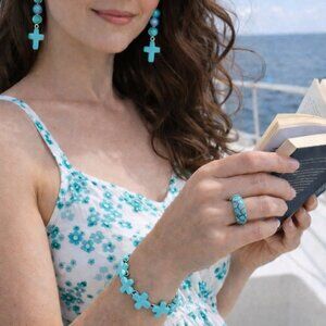 Turquoise Cross Bead Bracelet + Ring & 5-Bead Turquoise Cross Earrings Boho